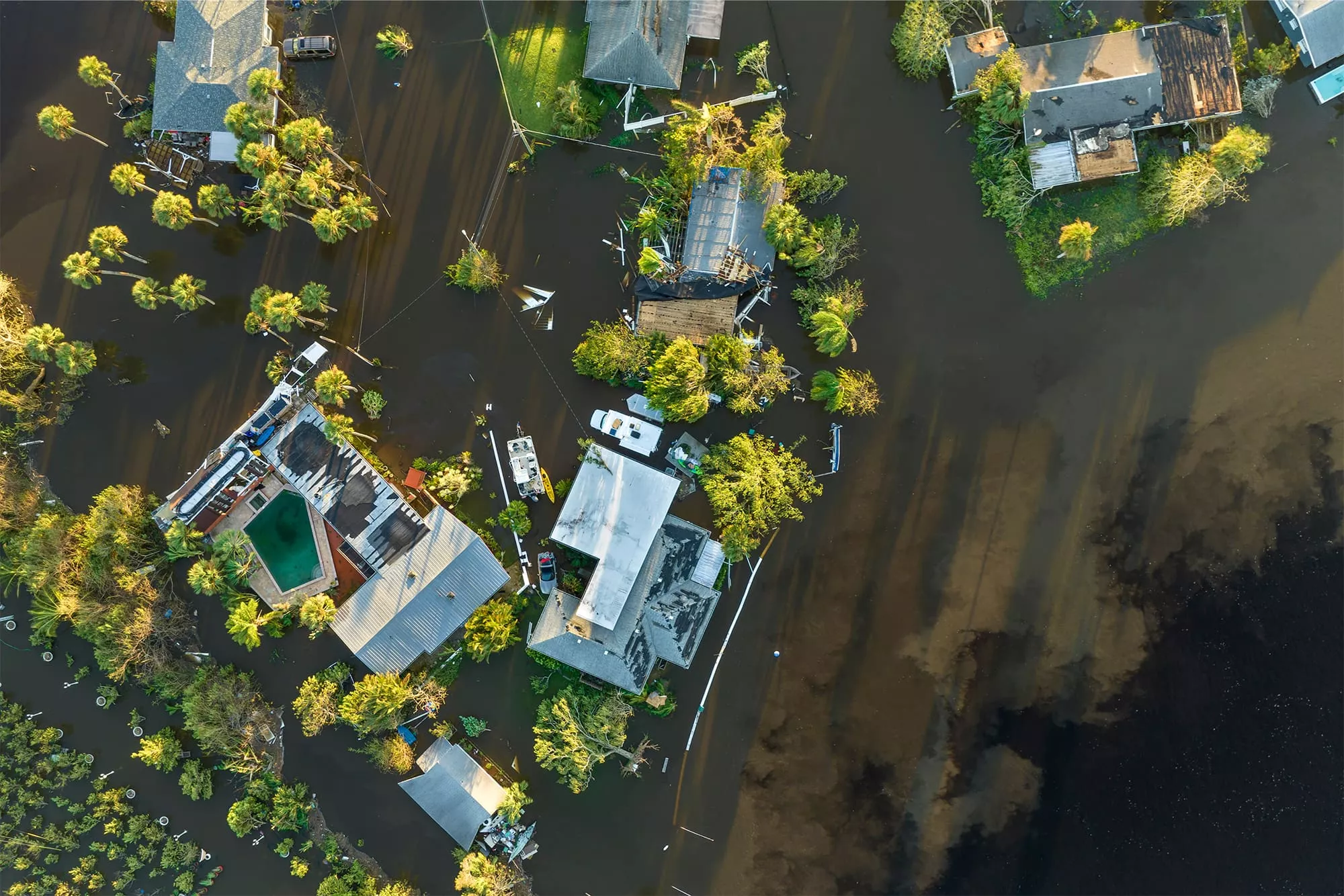 Aerial view of houses flood natural catastrophes 